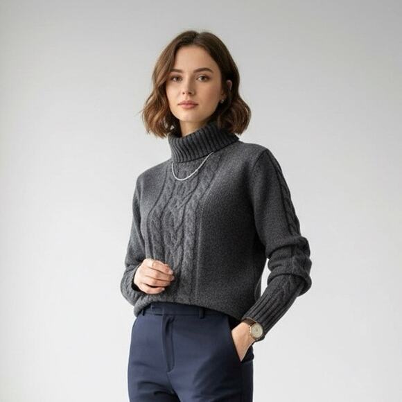 Vintage Wool Angora Cable Knit Turtleneck Sweater M Gray Cozy Outdoor Winter - Picture 1 of 7